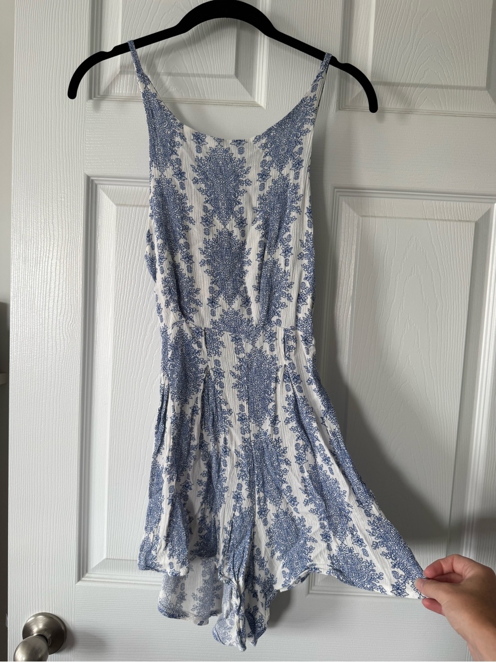 Blue & White Printed Spaghetti-Strap Romper